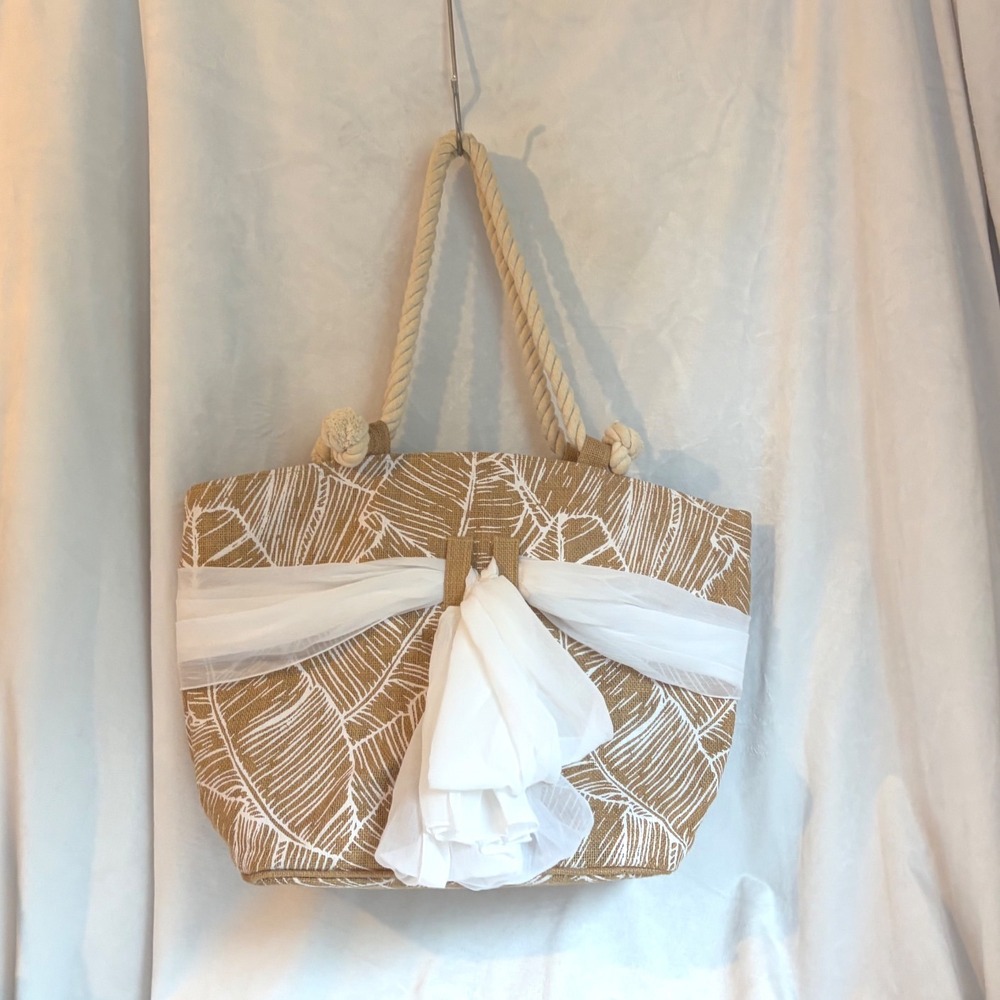 Mud Pie Jute Beach Tote Bag Tan White Palm Leaf Rope Handle Chiffon Scarf Accent - Picture 5 of 5